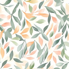 Seamless pattern with simplified leaf motifs in pastel sage green and peach colors