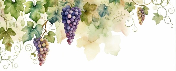 Watercolor illustration of grapes and leaves