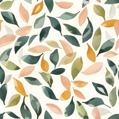 Seamless pattern with simplified leaf motifs in pastel sage green and peach colors