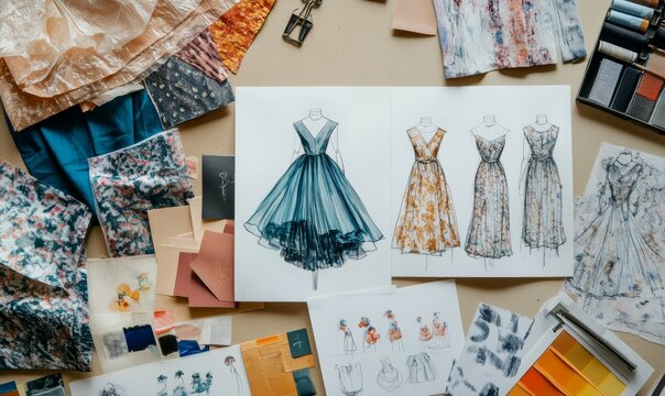 illustration from above of various fashion dresses sketches near fabric swatches and palette in workshop