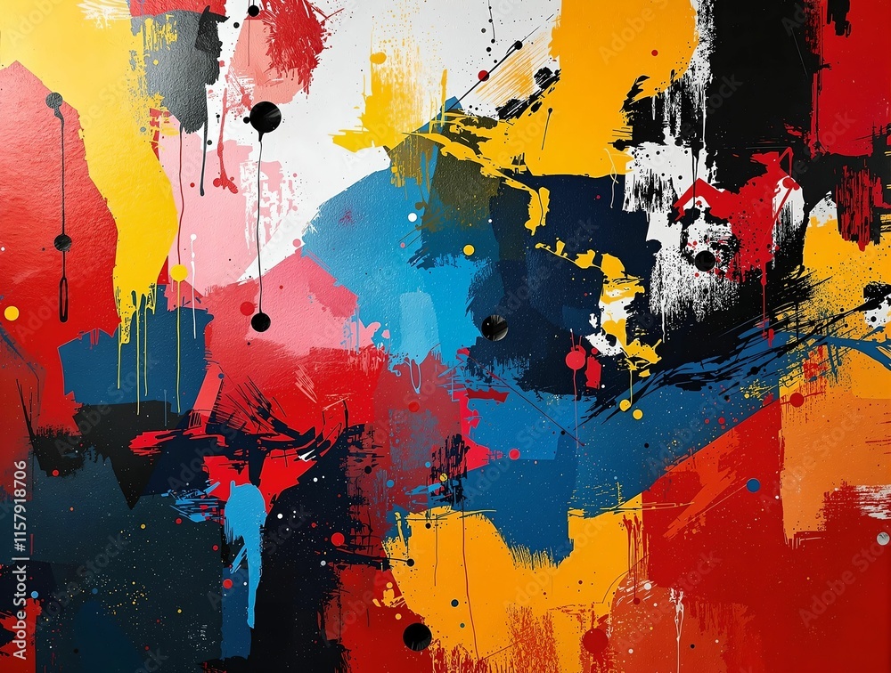 Poster painting featuring bold, abstract shapes and splashes of bright colors such as red, blue, yellow, an