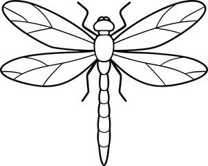 Macro shots, showing of eyes dragonfly and wings detail. Dragonfly Line Art Drawing. Minimalistic Black Sketch Linear Design of Beautiful Dragonfly for Wall Art, Poster, Print, Logo, Business Card. 