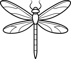 Macro shots, showing of eyes dragonfly and wings detail. Dragonfly Line Art Drawing. Minimalistic Black Sketch Linear Design of Beautiful Dragonfly for Wall Art, Poster, Print, Logo, Business Card. 