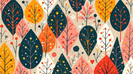 Colorful abstract autumn leaves pattern with polka dots and floral elements