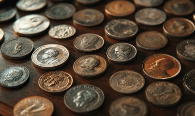 Intricately arranged vintage coin collection displayed on a velvet-lined wooden table, details of each coin highlighted.