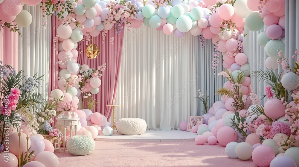 Aufkleber festive setup with a vibrant display of pink and purple balloons arranged in an arch-like structure. The background includes white curtains adding to the celebratory ambiance.