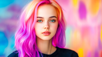 Young woman with neon colored hair posing in artsy cafe