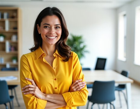 Confident Latin American businesswoman stands in modern office. Smiling woman looks directly at camera with arms crossed. Wears bright yellow shirt. Successful, pro person in corporate environment.