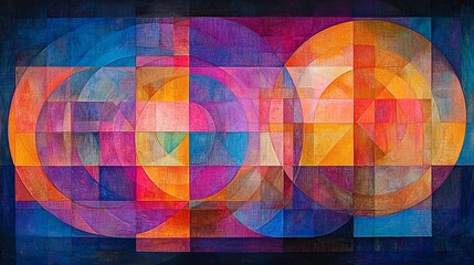 Abstract geometric artwork with overlapping circles and squares in vibrant colors.