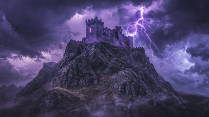 Stormy night, lightning strikes medieval castle on mountain peak. (1)