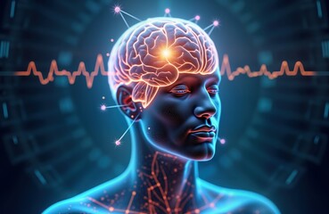 Obraz premium Human head with highlighted brain areas shows neurofeedback concept. Mindfulness meditation process for focus improvement. Digital illustration brain function. Healthy brain activity visualized.