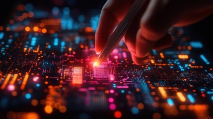 A hand manipulating a circuit board with glowing components, symbolizing technology and innovation.