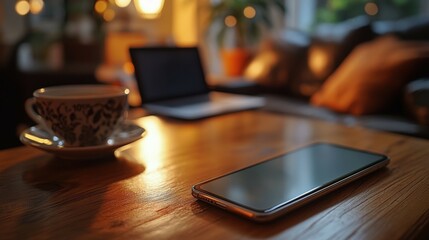 Modern smartphone on coffee table with vibrant battery life and workspace elements