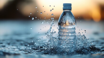 A water bottle splashes in clear water, capturing a moment of refreshment.