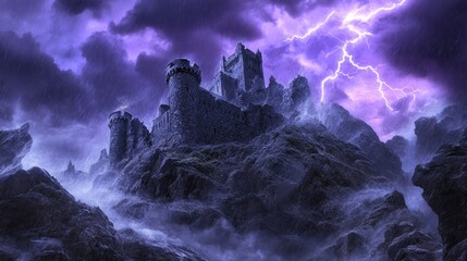 Stormy weather over a majestic mountaintop castle.