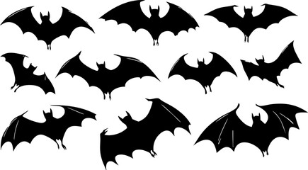 Fototapeta premium Silhouettes of flying bats on a white background, suitable for Halloween designs.