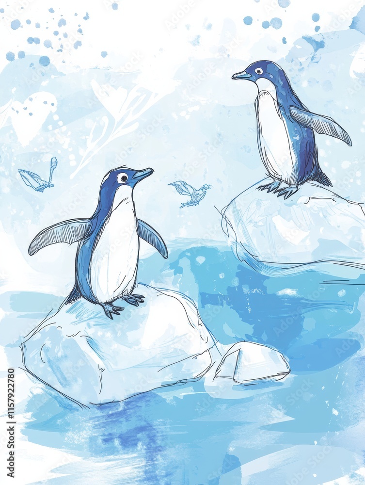 Leinwandbilder Playful penguins on floating icebergs in a serene Arctic setting with plenty of space for imaginative text. Generative AI