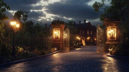 Ornate gates leading to a grand mansion at twilight.