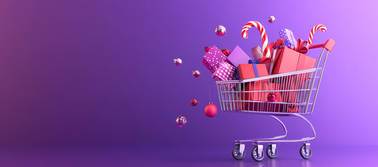 Modern shopping cart with Christmas gifts and a floating candy cane