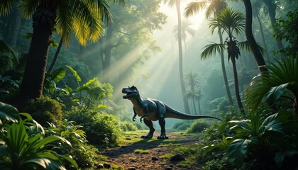Jurassic era jungle landscape. Tyrannosaurus rex stands on pathway in rich prehistoric forest. Sunlight streams through dense trees. Ancient creatures, rich vegetation. Vivid green jungle with tall