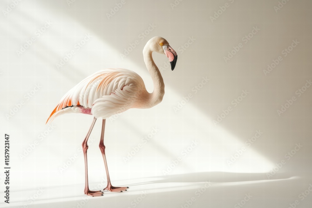 Aufkleber flamingo balancing gracefully on one leg in a serene environment with soft light and ample copy spac