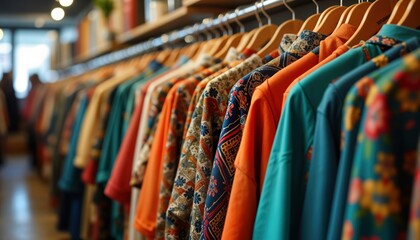 Colorful vintage, retro clothing displayed on wooden hangers. Trendy secondhand store features unique patterns, styles from past eras. Unique collection of garments. Variety of clothing styles.