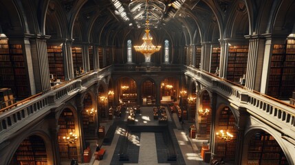 Naklejka premium Grand library interior, sunlight through high windows, bookshelves, chandelier.