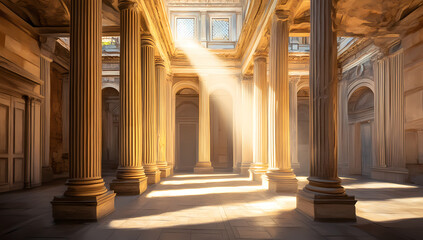 Fototapeta premium Sunlit interior of an ancient Roman palace with arches