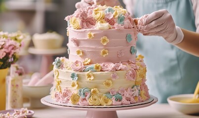Passionate baker frosting a layered cake, pastel icing patterns forming intricate floral designs.