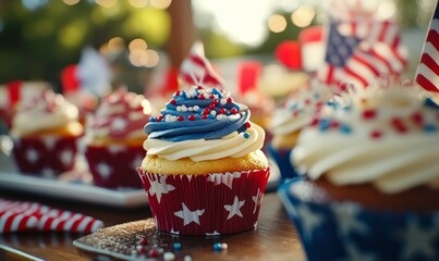 Patriotic cupcakes and desserts on the table at a Fourth of July party.