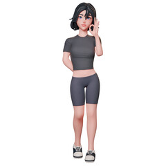 3D illustration of a sporty girl in black. showing ok hand gesture using her right hand. approve pose, Cute cartoon style.