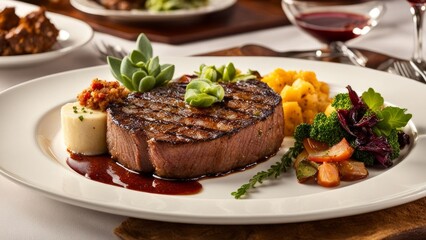 Juicy beef steak with perfect grill marks, elegantly plated with crispy potatoes and bright tomatoes, set against a dark background, ideal for gourmet food marketing and restaurant promotions.