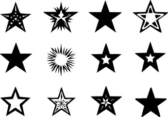 Set of black star silhouettes and icons on white background.