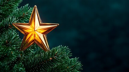 Golden Star Ornament on Christmas Tree Branch with Dark Background