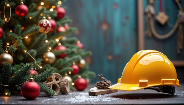 Christmas decorations near construction equipment on dark wooden table. Festive holiday items near work tools. Yellow hard hat, Christmas tree in background. Festive decorations as ornaments, lights