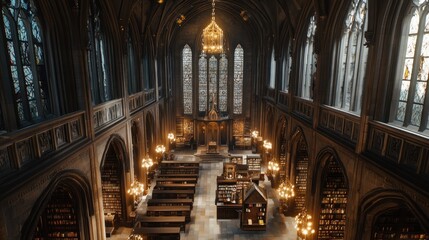 Fototapeta premium Grand Gothic library interior with stained glass and chandeliers.