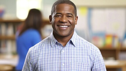Obraz premium Smiling Male Teacher in Classroom Setting