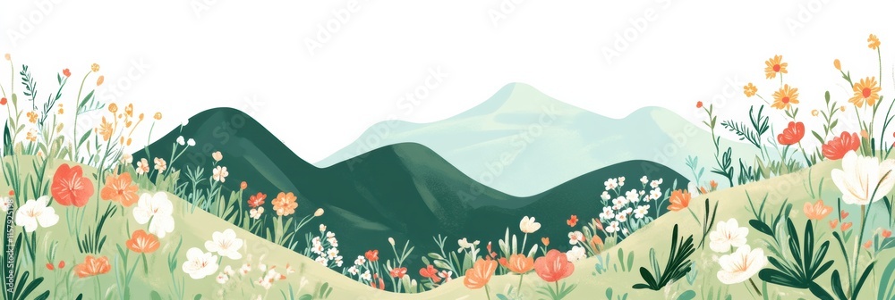 Fototapete doodle representing mountain slopes adorned with colorful flowers and ample copy space for a mockup 