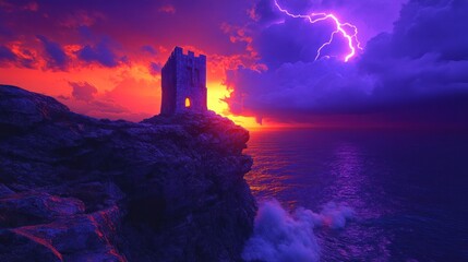 Fototapeta premium Dramatic sunset over ocean cliff with ancient stone tower and lightning strike.