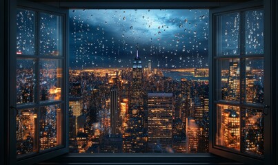 Raindrops on window with city view