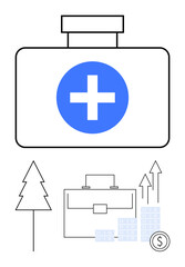 First aid kit with blue cross, growth chart with arrows, briefcase, tree, stacked coins, and buildings. Ideal for financial health, investment, eco-friendly businesses economic growth career