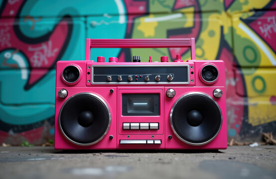Pink ghetto blaster sits outdoors urban background with colorful graffiti. Retro audio system evokes 1980s street culture. Vintage tech. Music. City life. Nostalgia. Urban scene. Street art. Graffiti