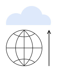 Globe with grid illustrating international network arrow pointing to cloud suggests data transfer. Ideal for technology, connectivity, global reach, innovation, progress, digital transformation