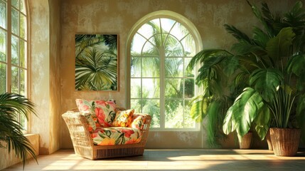 Fototapeta premium Sunlit room with wicker chair, tropical plants, and arched window.