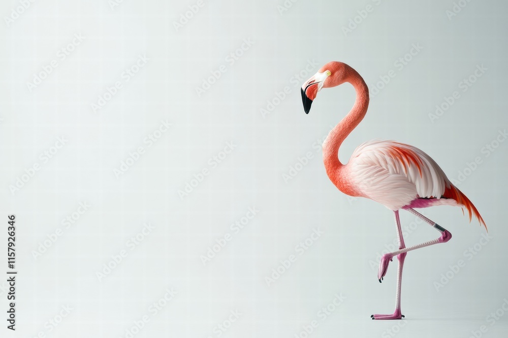 Aufkleber Flamingo standing gracefully on one leg against a soft background with ample copy space for text. Generative AI