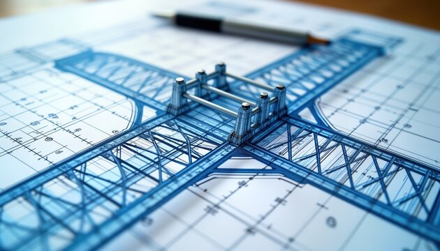 Detailed blueprint of modern bridge design. Intricate technical drawing structural elements, annotations. Engineering precision, innovative design. Perspective view architectural plan for new
