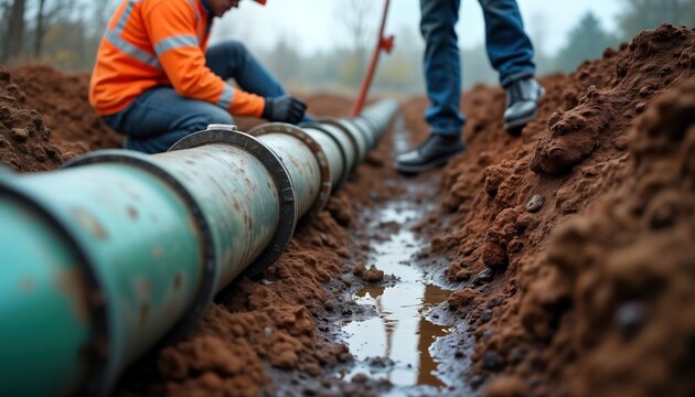 Plumbers replacing rotten water pipe outdoors. Utility workers fix communal water main. Working in trench. Pipes installed in ditch filled with muddy water. Construction site damp soil. Outdoor