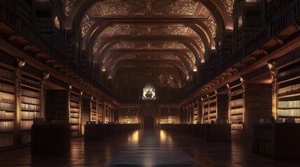 Obraz premium Grand, dimly lit library with ornate architecture, bookshelves filled with books, and a long central aisle.