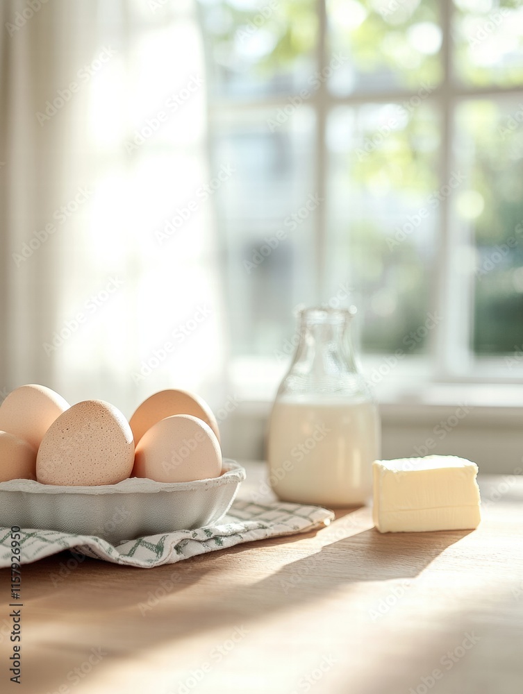 Poster ingredients for baking displayed on a wooden kitchen counter in bright morning light with copy space