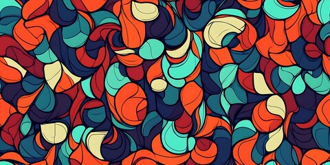 Vibrant seamless pattern of swirling shapes in bold colors and dynamic forms